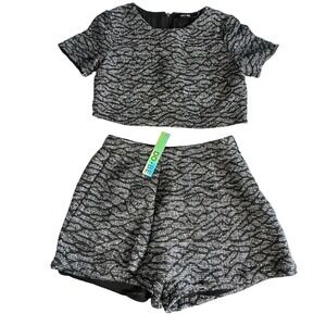 DO + BE 2 Piece High Waist Shorts Skort Cropped Top Set Tweed Black Sz‎ M